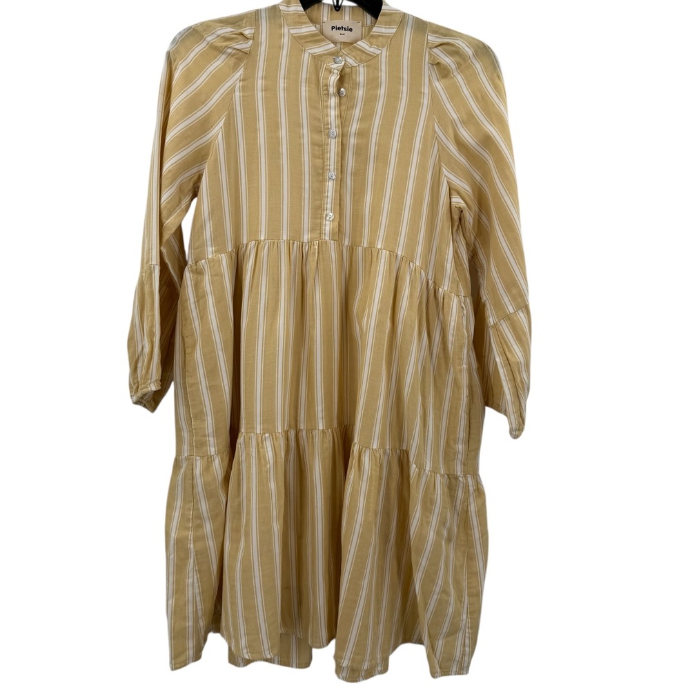 Pietsie Organic Cotton Striped Tiered‎ Midi Dress Bohemian Casual Small